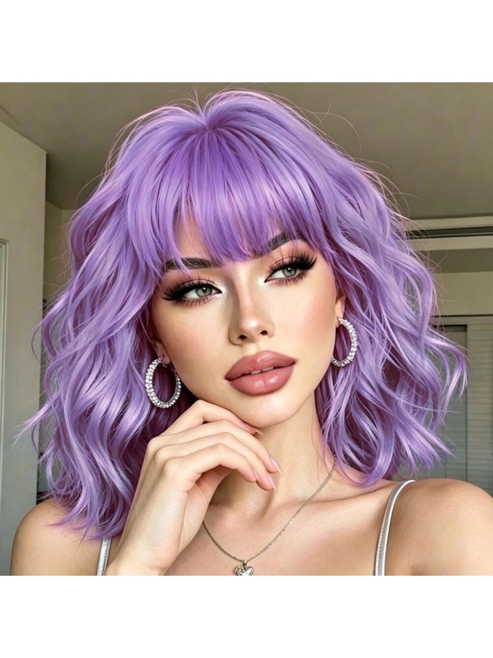 14Inch Women's Light Purple Short Bob Shoulder Wavy Synthetic Wigs With Bangs